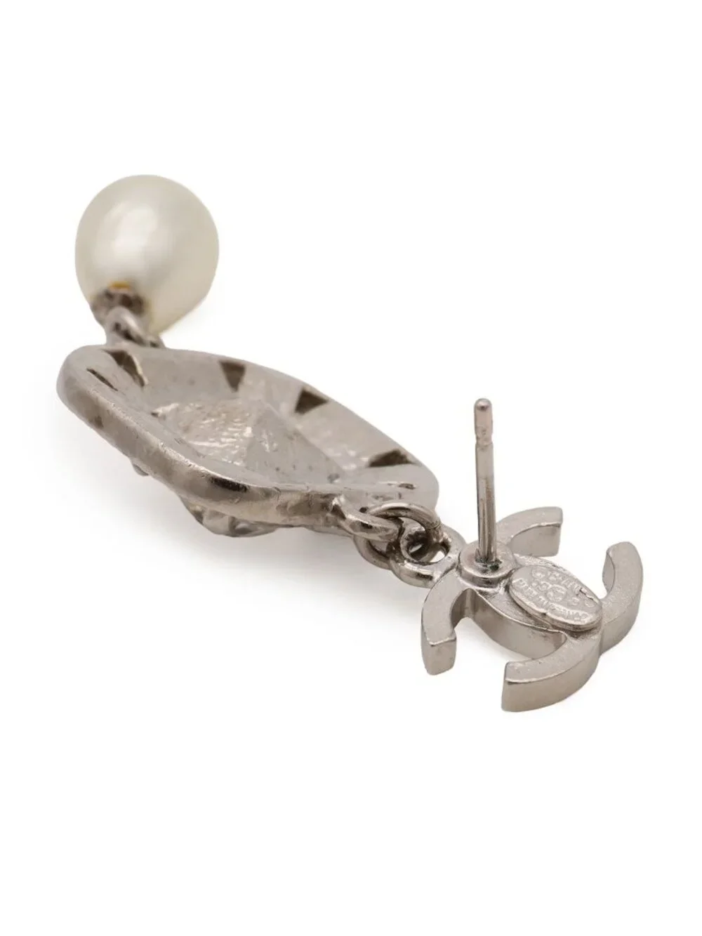 Chanel CC Logo Bijou Pearl Earrings Swing Metal Faux Silver White